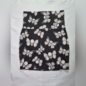 Hot Topic Black Mini Skirt with White Skull & Butterfly/Moth Print